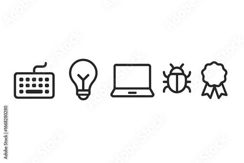 Computer and business icons for technology concepts like ideas, bugs, and awards
