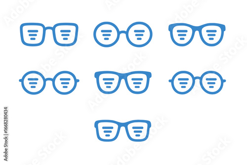 Blue eyeglasses icons with text lines in lenses, symbolizing reading and vision correction