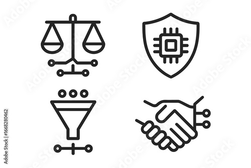 Modern line art icons for data security, legal balance, filtering, and business partnership