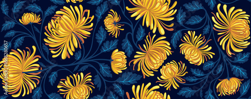 Hand drawn seamless pattern with beautiful chrysanthemums and leaves. Vector illustration, retro style. Can be used for embroidering flowers, wallpaper, banners, covers etc.	