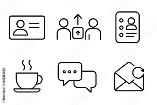 Six simple line icons for communication, identity, and daily activities like coffee and messaging