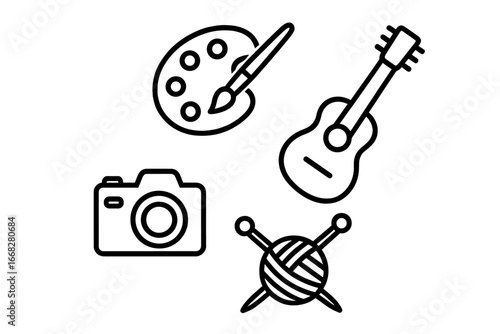 Creative hobby icons: guitar, camera, paint palette, knitting needles with yarn