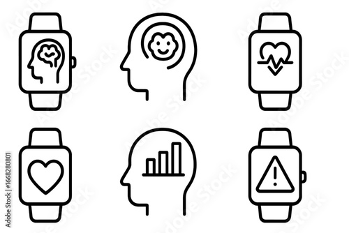 Smartwatch icons for health, brain, and alert functions for well-being monitoring and notifications