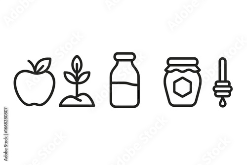 Food and agriculture line icons: plant sprout, milk bottle, honey jar, and dipper
