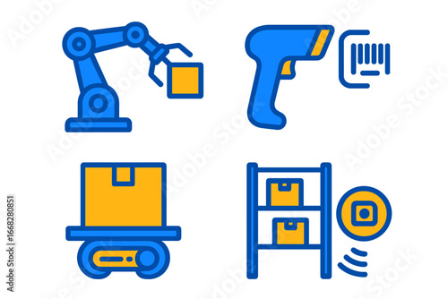 Robotic arm and conveyor belt icons for automated warehouse logistics
