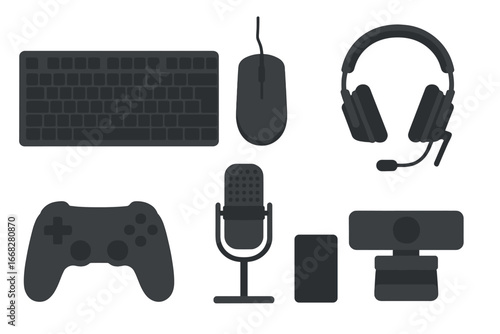 Modern computer peripherals and gaming accessories: keyboard, mouse, headphones, microphone, webcam, game controller