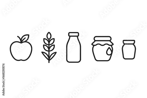 Set of simple line art icons for food and drink items including wheat, milk, and jars