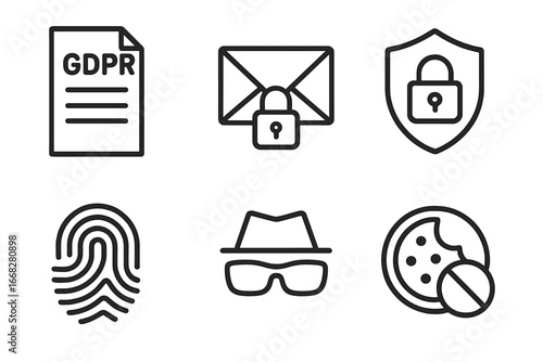 Data privacy and security icons for digital protection, GDPR, and cyber threats