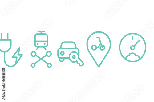 Electric vehicle charging, public transport, car sharing, scooter rental, and speed indicator icons