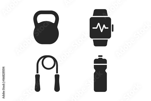 Fitness equipment icons: kettlebell, smartwatch, jump rope, water bottle for health and wellness
