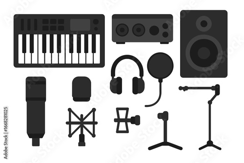 Music production equipment set with keyboard, microphones, headphones, speaker, and stands