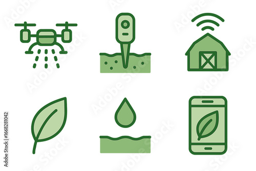 Smart farming technology icons: drone, sensor, barn, leaf, water, smartphone