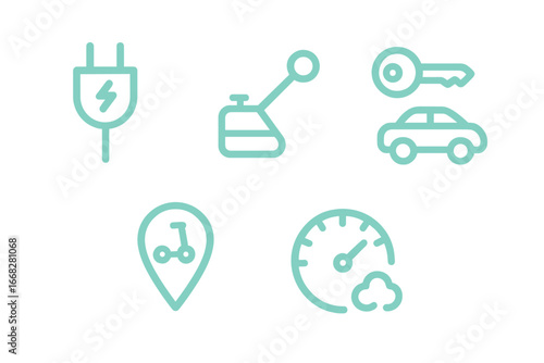 Modern mobility services icons: EV charging, car sharing, location pin, speedometer