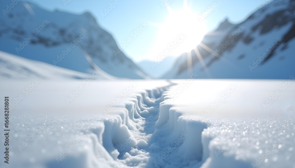 Obraz premium A low-angle, focused shot of deep boot prints in the soft snow across a glacier in Gilgit. Ahead, towering ice walls rise sharply, glowing under the morning sun. This simple trail tells a story of 