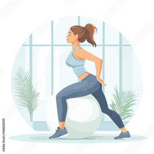 Woman Stretching on Exercise Ball in Gym for Fitness and Wellness, vector style simple color