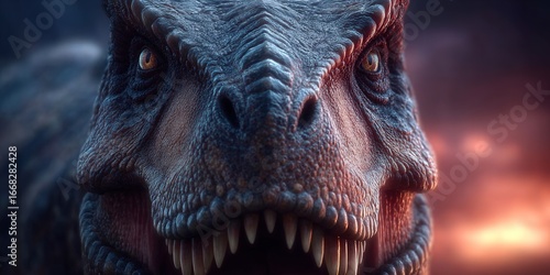 Fototapeta Naklejka Na Ścianę i Meble -  A dramatic close-up of a Tyrannosaurus Rex showcasing its fierce expression and sharp teeth.