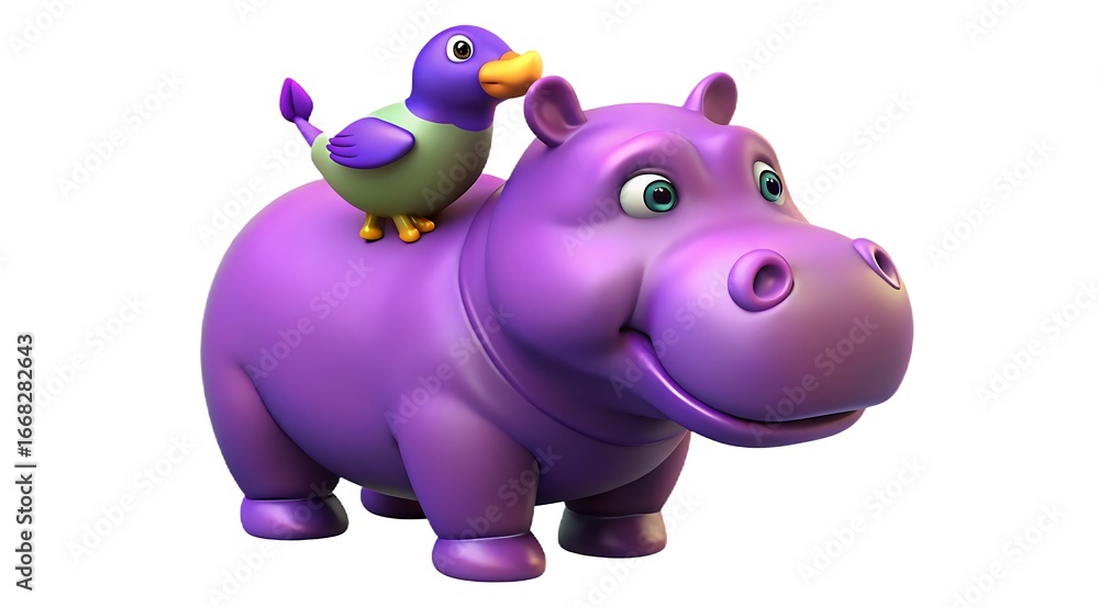 Naklejka premium Cartoon purple hippo with bird on its back isolated