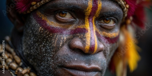 An indigenous man with striking face paint and a piercing gaze, a cultural portrait.