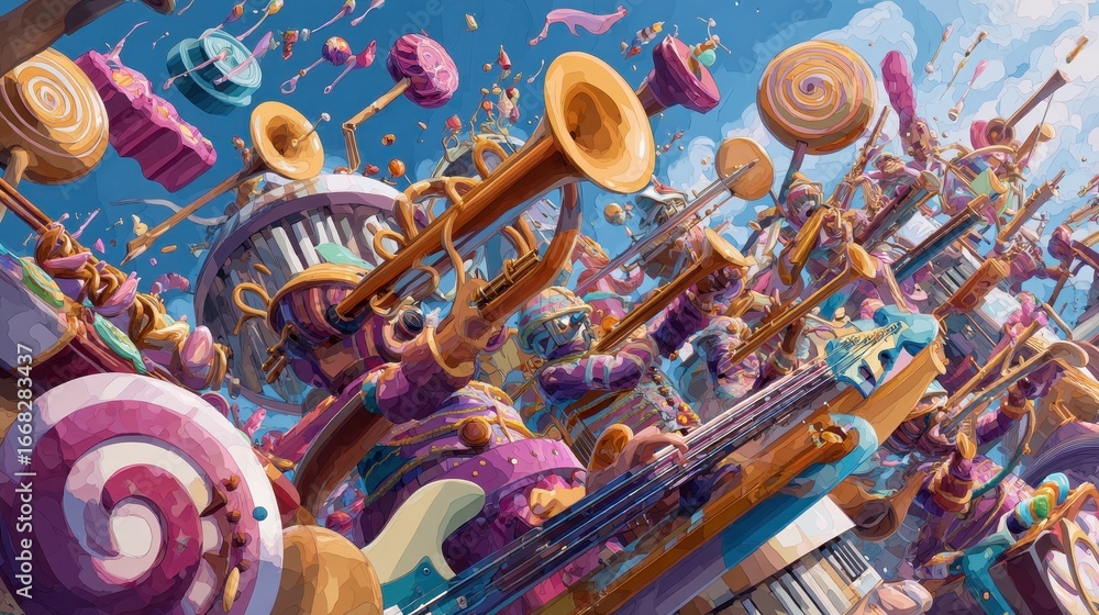 Fototapeta premium Whimsical Candy Band: Musical Instruments and Sweets in a Colorful Sky