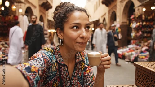 A happy young woman takes a selfie while drinking coffee in a bustling and vibrant moroccan souk in marrakech enjoying the local culture during her travels

