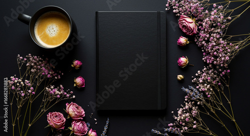 Elegant black journal with delicate roses and morning coffee ready for creative writing or scheduling tasks