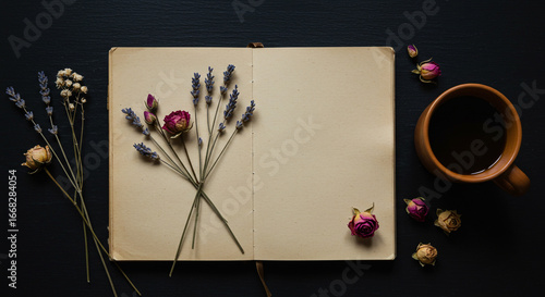 Cozy floral journal with coffee offers tranquil space for creative writing and mindful reflection today