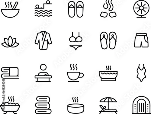 Spa, wellness, relaxation, sauna, hot tub, massage, slippers, towels, swimwear, lotus, steam, pool, robe, bikini, flip‑flops, lounge, umbrella, reception, tea, aromatherapy, vector illustration