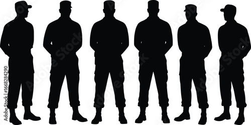 black silhouette soldiers standing in row, military uniform figures, army personnel vector illustration, discipline concept, security forces graphic, teamwork formation design