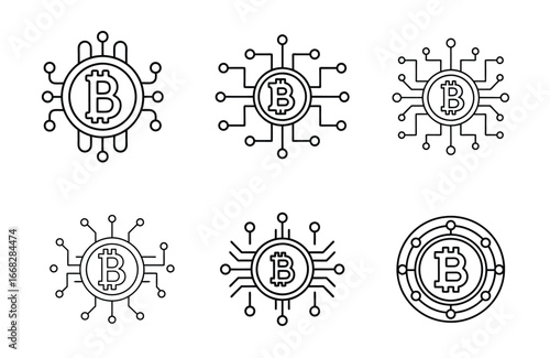 Set of bitcoin icons with circuit board design elements in vector format