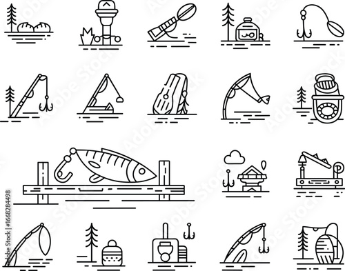 Fishing outdoor recreation icon set, fishing rod lure hook reel camping stove backpack fish smoker bobber, black white line vector illustration
