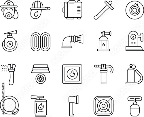 Firefighting equipment safety icon set, fire truck helmet axe hose extinguisher hydrant alarm sprinkler tools, black white line vector illustration