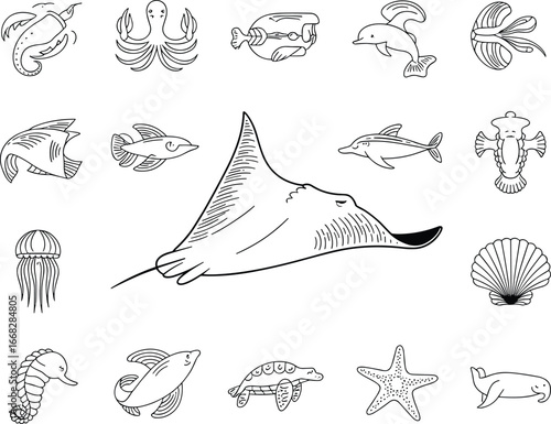 Marine life, ocean animals, sea creatures, manta ray, fish, dolphin, whale, turtle, seahorse, jellyfish, squid, octopus, starfish, shell, underwater, aquatic, wildlife, nature, silhouette, vector