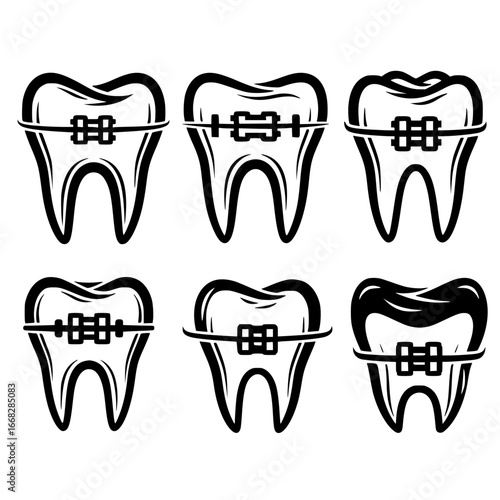 Collection of six stylized teeth with dental braces and wires forming a silhouette isolated on transparent background