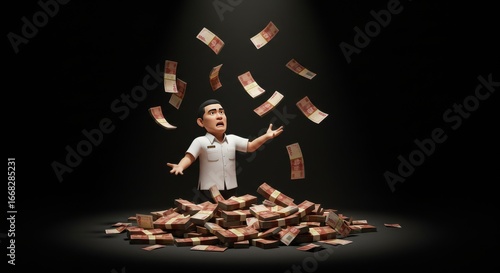 A stylized animated man joyfully catches falling banknotes while standing amidst a large pile of cash, illuminated by a spotlight against a dark background.