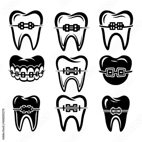 Collection of stylized teeth with dental braces and wires forming a silhouette isolated on transparent background