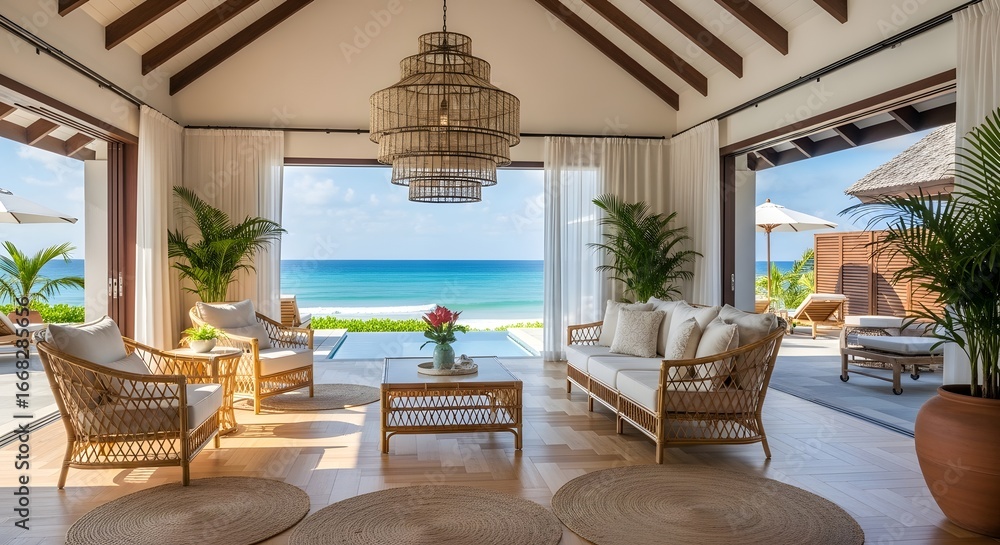 Fototapeta premium Luxury Tropical Villa Living Room with Panoramic Ocean View and Natural Rattan Decor, Beachfront Resort Interior