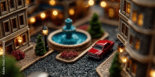A detailed miniature scene showcasing a red car in a quaint town square with a fountain.