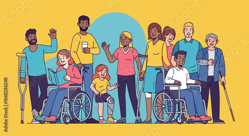 Line Art Diverse Disabled Community Illustration with Assistive Devices Together