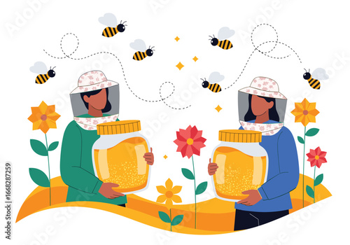 Two Beekeeper Women Holding Jars of Sweet Honey Surrounded by Flowers and Bees on a Sunny Day
