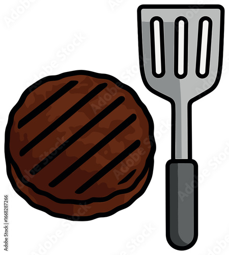 Grilled burger and spatula vector for bbq, cookout, festival, summer cookouts, parties