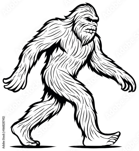 Bigfoot silhouette vector: mysterious cryptid, sasquatch illustration, monochrome design