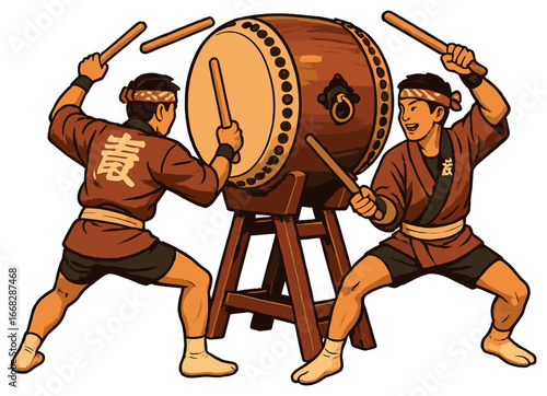 Taiko drummers vector - energetic traditional japanese percussion music concept