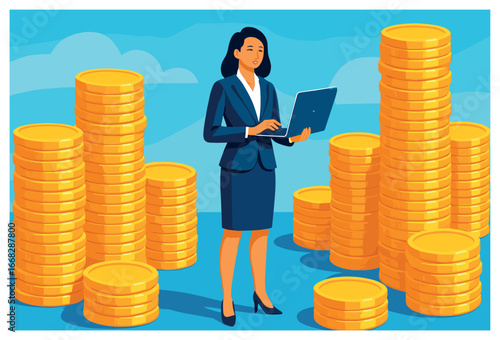 Prosperous financial growth vector: businesswoman with coins, economic success, wealth concept