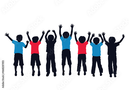 Diverse Group of Children Silhouettes Celebrating Happiness Together and Raising Their Hands Up