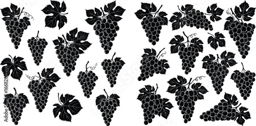Black grape bunches with leaves silhouette collection, isolated design elements on white