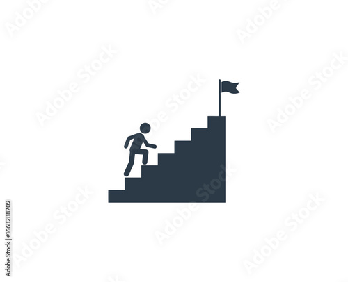 Person climbing stairs to reach flag on top isolated on white background