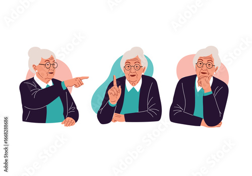 Three Older Women Demonstrating Different Thought Processes and Expressions Showing Agreement Disagreement and Thinking