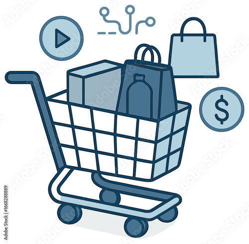 E-commerce vector: simplified shopping cart for online retail and digital purchases