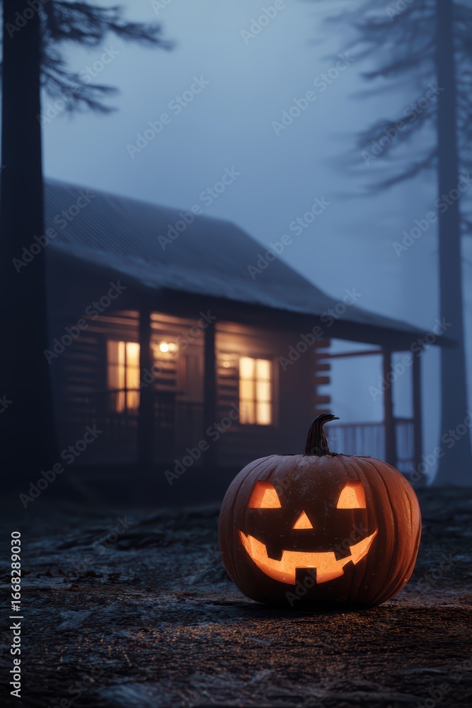Obraz premium Glowing Halloween jack-o'-lantern with carved face illuminates spooky foggy forest scene, rustic wooden cabin in dark night, festive autumn decoration concept