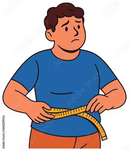 Measuring waist: vector illustration of weight concern and body fitness awareness
